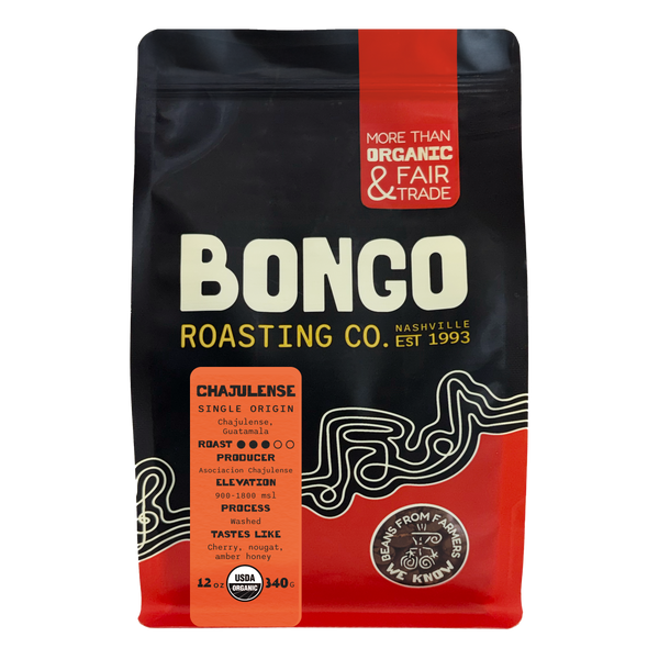 Bongo Roasting Co. coffee bag with black, red, and orange design on a white background