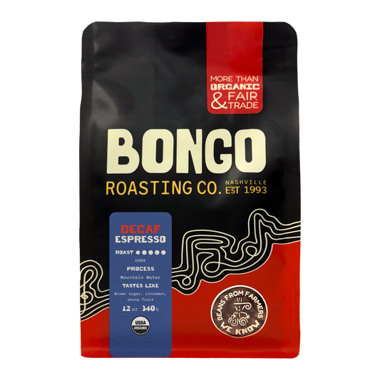 Bongo Roasting Co. coffee package with black, red, and blue design