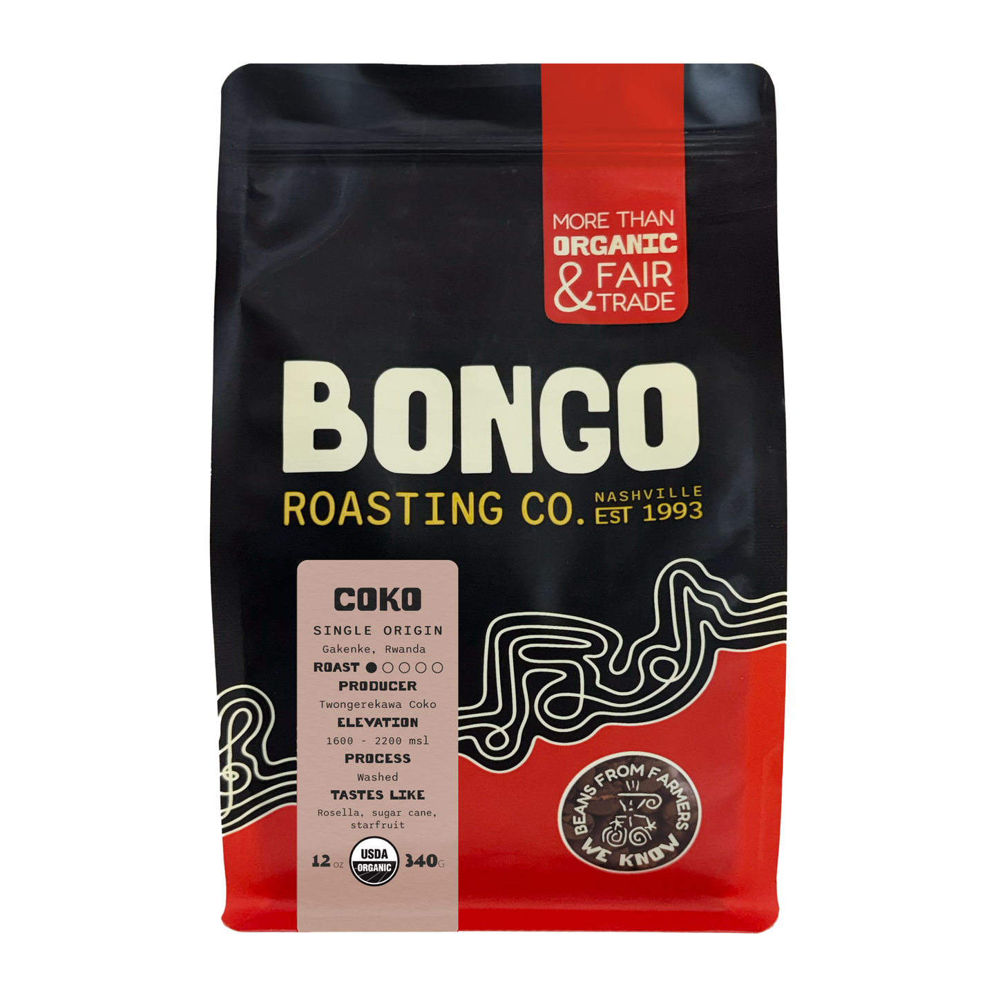 A 12 oz bag of Bongo Roasting Co. Coko single origin coffee, featuring a black and red package design with white and yellow text.