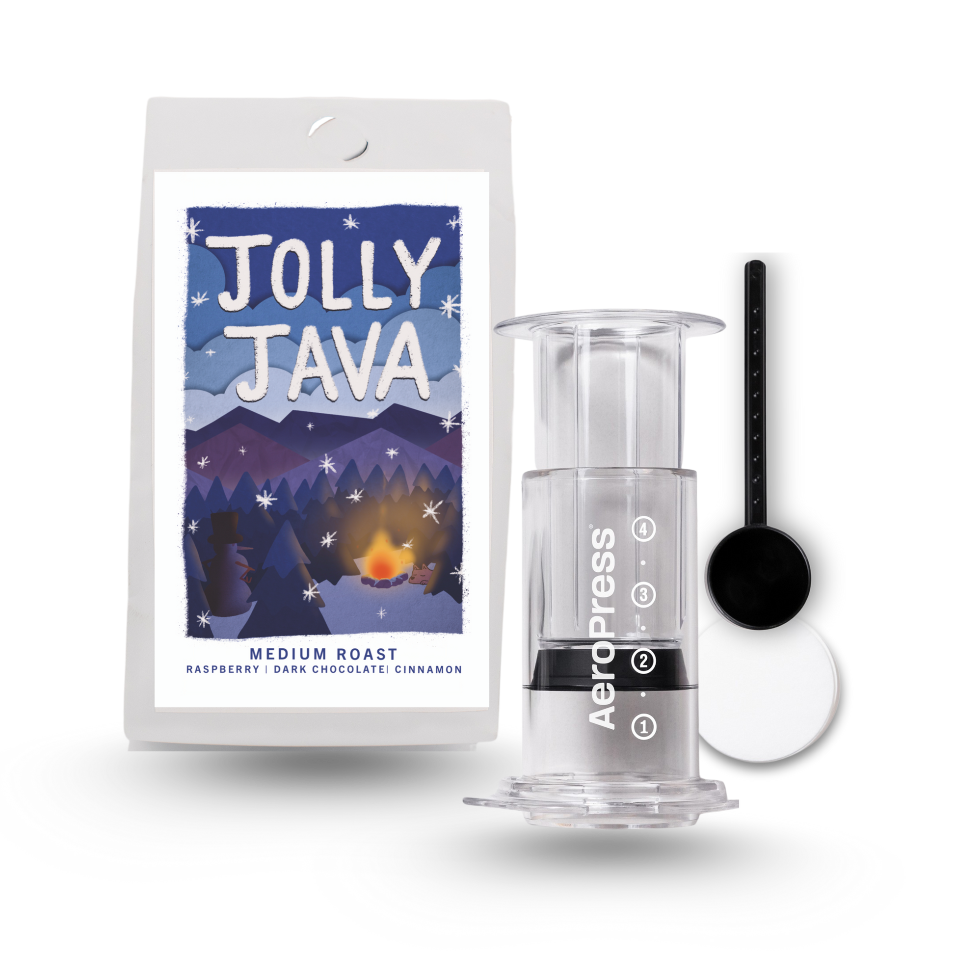 12oz Bag of Jolly Java Coffee alongside and Aeropress brewer, spoon and filters.
